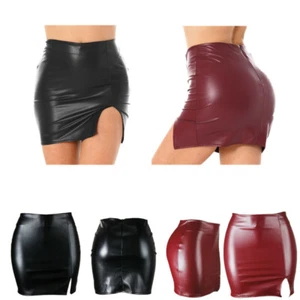 Mujeres Sexy Metálico Bodycon Lápiz Mini Falda Corta Cuero PU Look Húmedo Prendas para club nocturno - Imagen 1 de 24