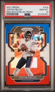 2021 Panini Prizm Justin Fields #334 Rosso Bianco Blu Rookie RC PSA 10 NY Jets - Foto 1 di 2