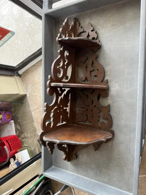 Antique Victorian Walnut Fretwork Carved  Corner Wall Hanging Shelf 3 Tier - Image 1 of 4