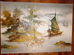 Chinese Asian Junk Boat Painting Signed By D. Tong, Thick Paint Effect 36"x24" - Picture 1 of 15