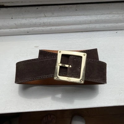 Cinturón de cuero para mujer Ralph Lauren ancho marrón gamuza con hebilla dorada mediano Foto 1 de 4