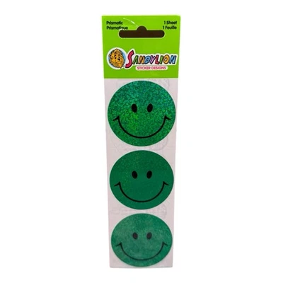 Vtg Sandylion Stickers Large Green Happy Smile Face Shiny Foil Smiley Sealed - Image 1 of 2