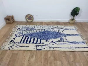 Moroccan Rug Berber Hand-knotted 4'9x8'6 Beni ourain Blue White Azilal Wool Rug - Picture 1 of 13