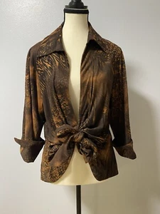Mishca Blouse Tie Front Tiger Animal Print Fall PL Petite Large Brown Faux Suede - Picture 1 of 12