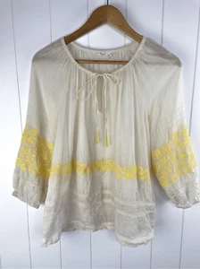 Blusa campesina Anthropologie Floreat bordada crema y amarilla con cuentas XS - Imagen 1 de 10