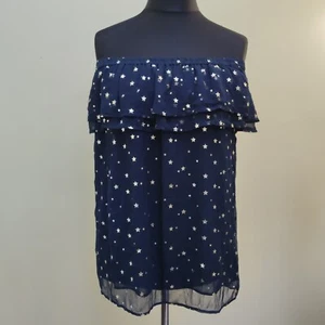 Blusa Dea Kudibal Grande Azul Marino con Estrellas Plateadas Fuera del Hombro Volantes - Imagen 1 de 16