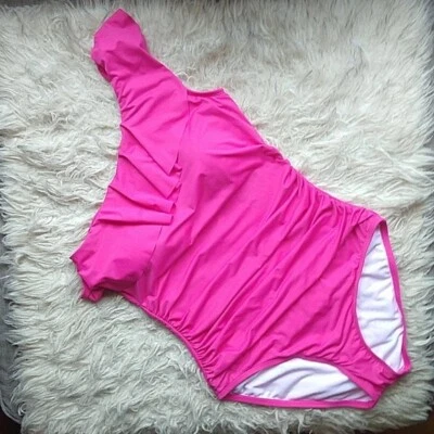 Bright Pink Swimsuit Lined One Piece Ruffled One Shoulder Asymetric Hilor - Image 1 of 4