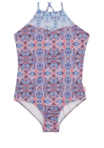 NWT $57 SEAFOLLY GIRLS ROSE BOHO TILE HALTER STRAPPY SURF ONE PIECE SWIMSUIT 14 - Picture 1 of 6