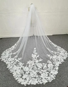 Velo de novia accesorios apliques blancos borde de encaje velo catedral de lujo personalizado - Imagen 1 de 10