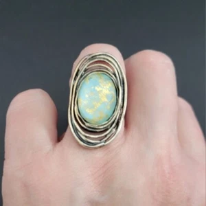 Damen 925 Sterling Silber, Nest Ring Türkis? W Blattgold Größe 8, Israel - Bild 1 von 19