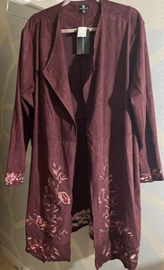 Curations Jacket Mid Length Open Front Floral Jacket Plus Size 3X Maroon Coat - Picture 1 of 13
