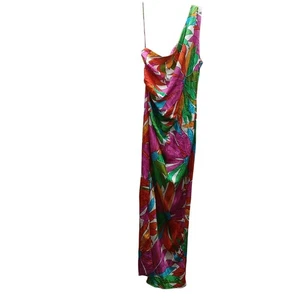 Ronny Kobo Silk Blend Gildo One-Shoulder Midi Dress Multicolor Medium Tropical - Picture 1 of 10
