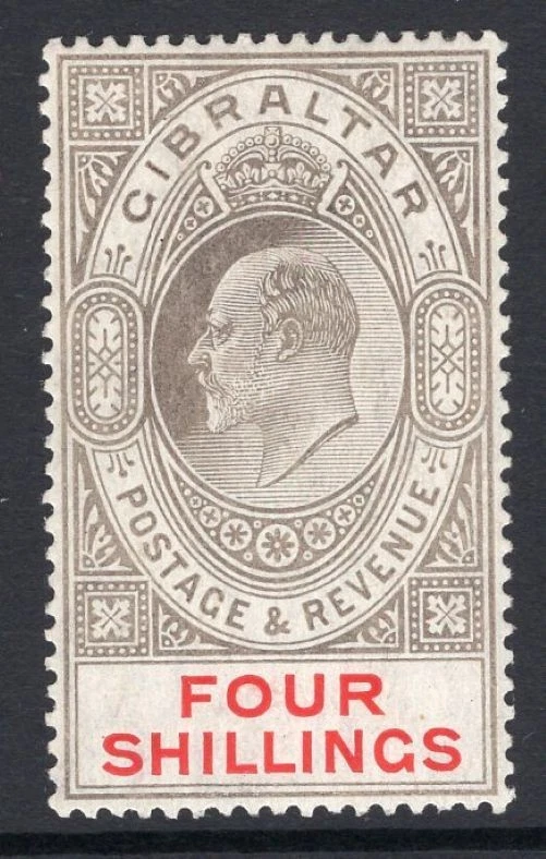 GIBRALTAR 1906-11 KEVII DEFINITIVO 4/- NEGRO Y CARMÍN FINO SIN MONTAR COMO NUEVO SG 73 Foto 1 de 1