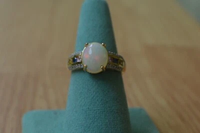Кольцо из чистого серебра 14 карат с эфиопским опалом/сапфиром/цирконом 3,20 карата размер 9 - Изображение 1 из 4
