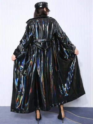 Extra Long Black Holographic Reflective Stretchy Soft PVC Leather Trench Coat - Image 1 of 4