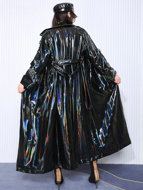 Extra Long Black Holographic Reflective Stretchy Soft PVC Leather Trench Coat - Image 1 of 4