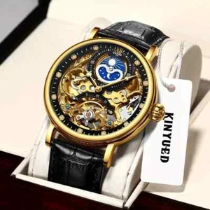 KINYUED SKELETT AUTOMATIK GOLD UHR SCHWUNGRAD DT MONDPHASE SCHWARZES ZIFFERBLATT LEDER - Bild 1 von 6