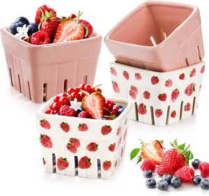4er Pack Keramik Beerenkorb, quadratische Obstschalen, Kawaii Erdbeere Küchenschale - Bild 1 von 12