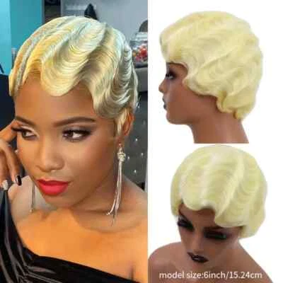 613 perucas loiras claras onda de dedo curto corte pixie 100% cabelo humano perucas de festa - Imagem 1 de 4