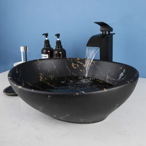 Vasca da bagno in marmo nero lavandino ovale in ceramica con rubinetto e scarico - Foto 1 di 13