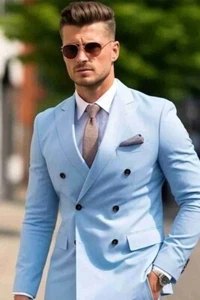 Traje de hombre azul cielo de doble botonadura, elegante ajustado a medida y uso formal - Imagen 1 de 5