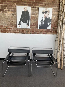 Vintage Marcel Breuer Wassily Style Chrome Black Leather Chairs - Picture 1 of 8