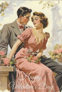 Postal vintage de San Valentín RETRO antigua NUEVA REIMPRESIÓN feliz pareja rosas - Imagen 1 de 2