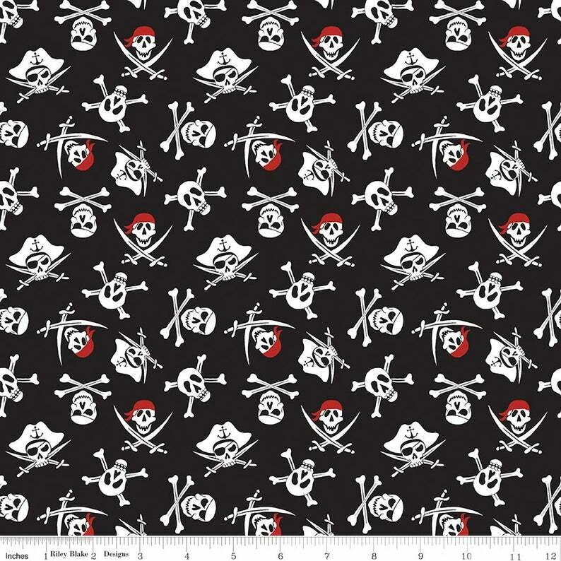 Tela de edredón de algodón negro calaveras de 1/4 yarda 9”x42” Riley Blake "Pirate Tales" Foto 1 de 1