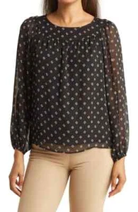 Joan Vass $58 Scoop Neck Long Sleeve Black Diamond Dot Blouse Size Small NWT - Picture 1 of 4