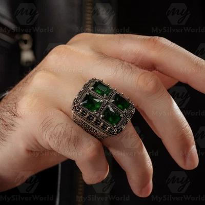 Enorme anillo turco hecho a mano de plata de ley 925 con 4 circonitas cúbicas verdes para hombre Foto 1 de 4
