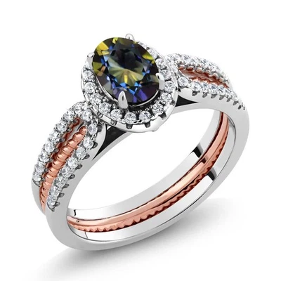 Anillo de boda de plata esterlina 925 de dos tonos con topacio místico ovalado de 1,42 quilates Foto 1 de 3