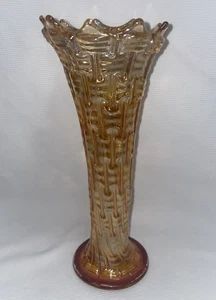 Vintage Vase Dugan Carnival Glass Big Basket Weave Pattern Flared Swung Marigold - Picture 1 of 7
