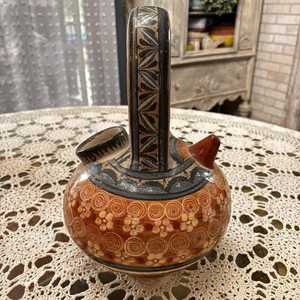 Mexican Amado Galvan Hand Painted Tonala Burnished Pottery Botijo Water Jug  9” - Picture 1 of 9