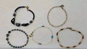 Natural Stone Semi Precious Bracelets Lot Of 5, Hematite,Fresh Water Pearls, Guc - Picture 1 of 21