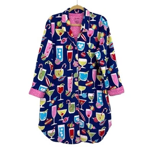 Nick and Nora Night Shirt Gown XL Blue Christmas Martini Flannel Pockets - Picture 1 of 7