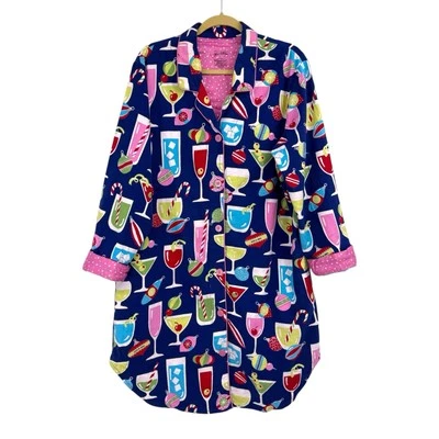 Nick and Nora Night Shirt Gown XL Blue Christmas Martini Flannel Pockets - Image 1 of 4