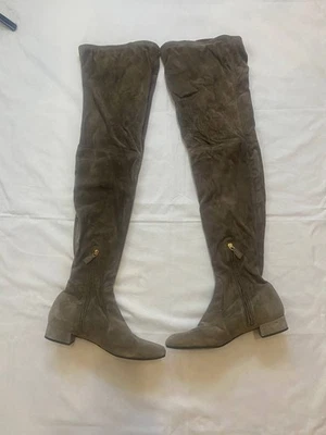 Prada Womens Thigh High Heels Over Knees Sock Boots Suede Beige Size EU 39 - Image 1 of 4