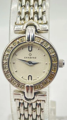 Vintage Candino Watch Swiss Made Silver Tone Diamond Bezel Works Great - Image 1 of 4