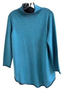 Eileen Fisher Long Tunika Rollkragen Pullover Doppelstrick türkis grau Gr. S 39" Brustweite - Bild 1 von 7
