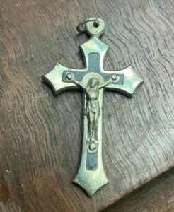 Antique French Pectoral cross 1¾” Crucifix Gothic 1800s Silver Black Rosary - Picture 1 of 12