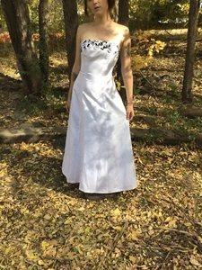 Morgan & Company White w/ Black Floral Beaded Embroidered Strapless Bridal Gown - Picture 1 of 6