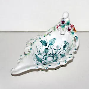 Cuenco Vintage Italia Pintado a Mano Pie Verde Floral Querubín Figura Cerámica Decoración - Imagen 1 de 16
