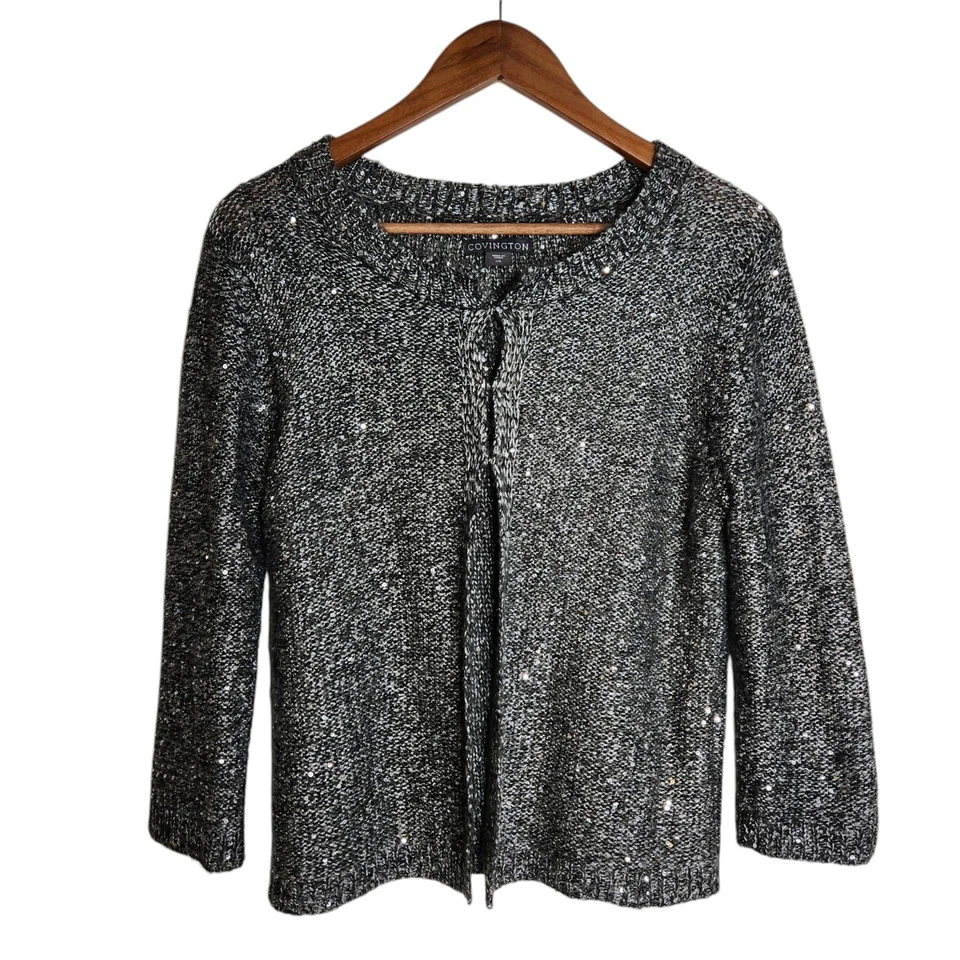 Cárdigan corto gris manga 3/4 con lentejuelas brillantes Covington para mujer talla grande Foto 1 de 4