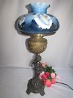 Vtg Bronze/Brass Cherub Angel W Hand Painted Hurricane Shade Table Parlor Lamp
