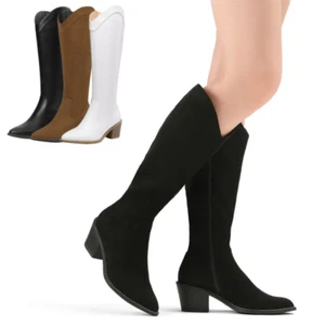 Women Cowboy Cowgirl Western Boots Chunky Heel Pointed Toe Knee High Boots - Picture 1 of 21