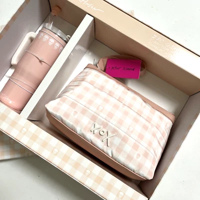 NUEVO CON ETIQUETAS BETSEY JOHNSON 2 PIEZAS Juego de Caja Bolsa Fondo en T + Vaso con Calavera a Cuadros de Paja Foto 1 de 4