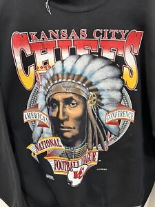 Vintage RARE 90s Kansas City Chiefs AOP Black Sweatshirt Indian Brand New XL