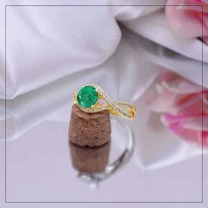 14K Gelbgold Zambia Smaragd Und Diamanten Handgefertigter Solitär Damenring - Bild 1 von 3