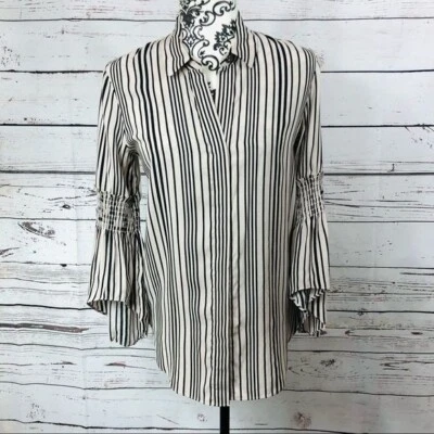 Halston Heritage Smocked Detail Bell Sleeve Striped Button Up Blouse Top XS - Image 1 of 4