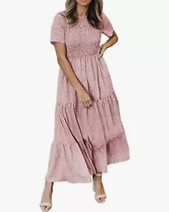 S- Damen Blumen langes Kleid Kurzarm Rundhals Boho gesmokt Stufen Maxikleid - Bild 1 von 3